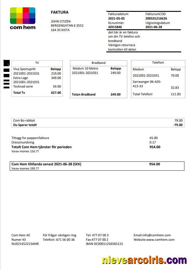 Sweden Com Hem utility bill